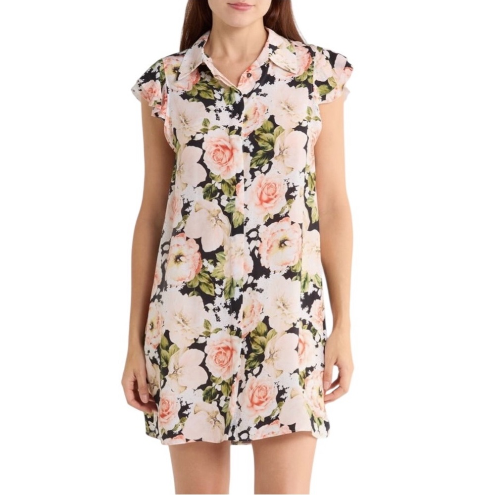 Alice + Olivia Jem Ruffle Cap Sleeve Cupro Morningside Floral Shirtdress Nwt Xs
